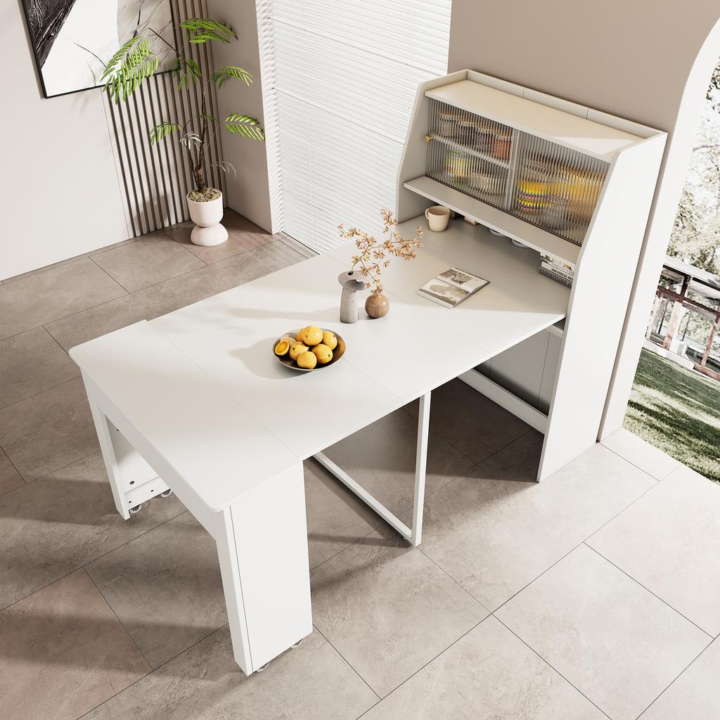 Extendable Dining Table, L52/132.5xW80xH76cm, One-Way Extending, Storage Cabinet, Rectangular, Coffee Lounge, Space-Saving Multifunctional, White