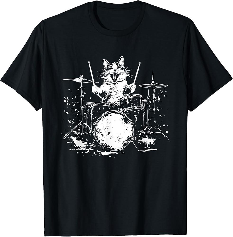 Funny Cat Drummer Drums Drumming Music Lover T-Shirt