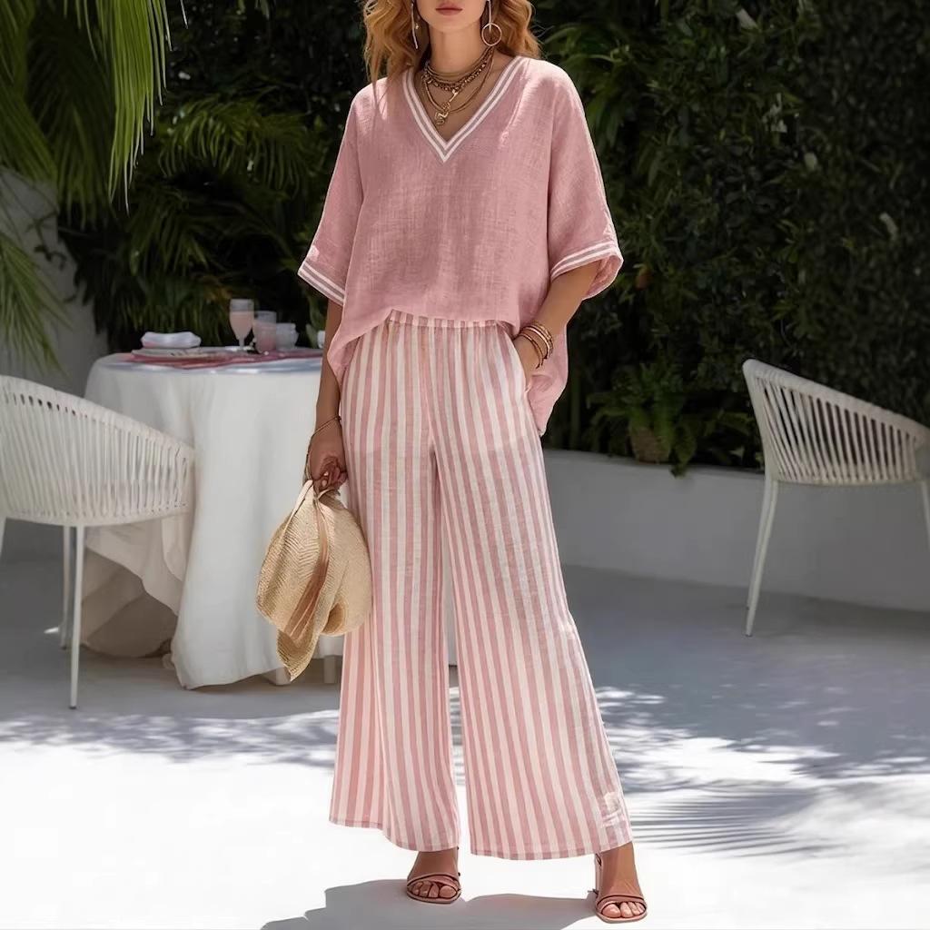 1116 European and American striped short-sleeved V-neck top women's spring and summer casual medium-sleeved shirt set