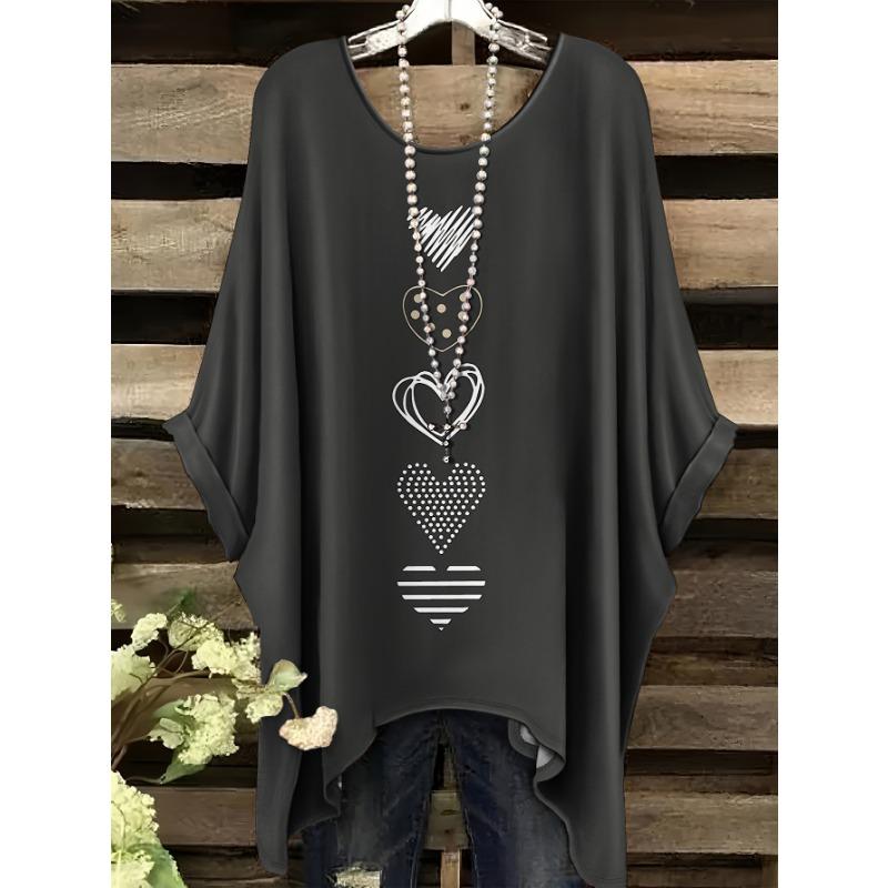 Summer new women's plus casual love string pattern printed bat sleeves round neck short-sleeved T-shirt, accessories not included