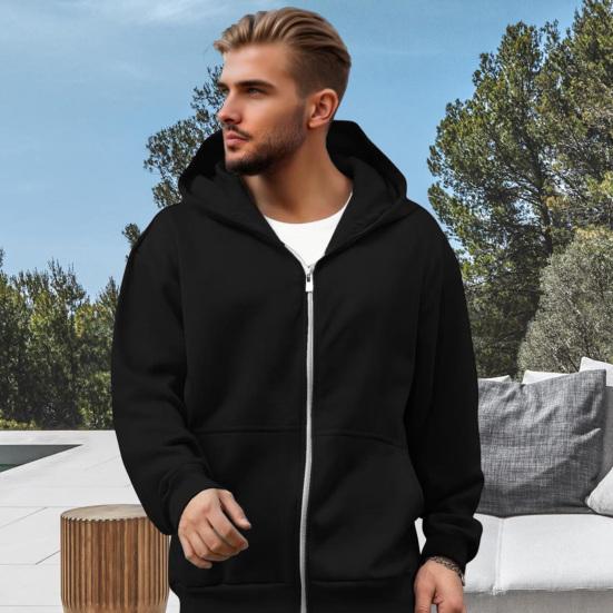 Men Sweatshirt Coat Hooded Long Sleeve Zipper Closure Hoodie Coat with Schoolbag Design Solid Color Loose Fit Outerwear
