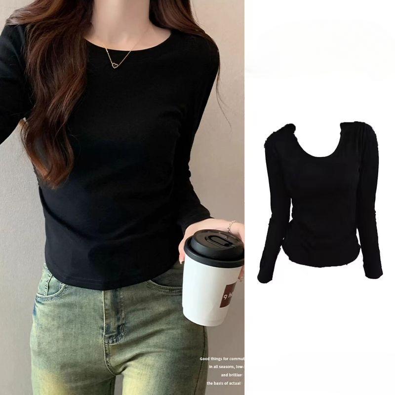 Футболка с длинными рукавами и V-образным вырезом на плече для женщин, осенне-зимняя, корейская мода, шикарный облегающий низ и утягивающий верх