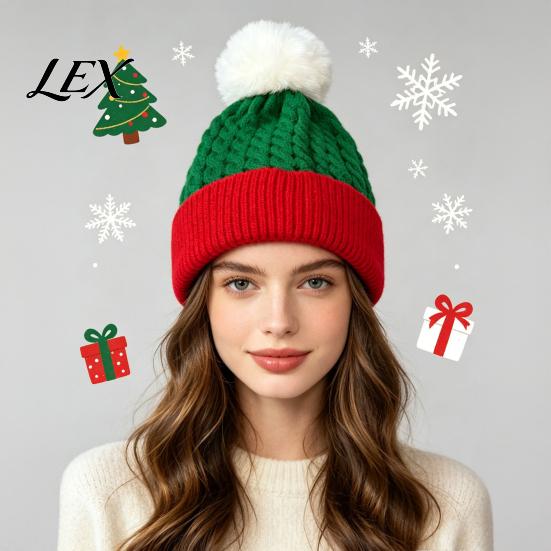 Warm Cuffed Cap for Women Christmas Elf Hat, Cozy Winter Knit Hat with Pom Pom, Stretchy Skull Outdoor Cold Weather Soft Polyester