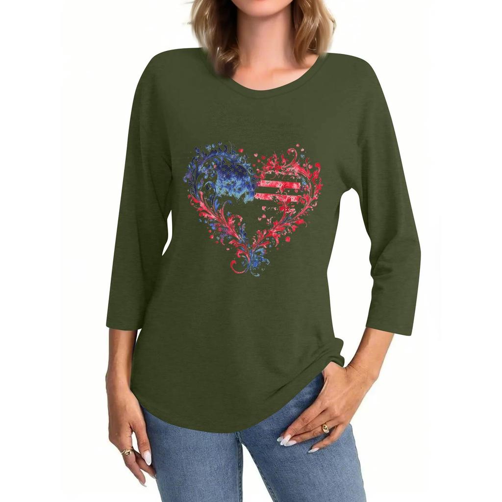 Women's Fashionable Casual Three Quarter Sleeve Printed Collar Pullover Top