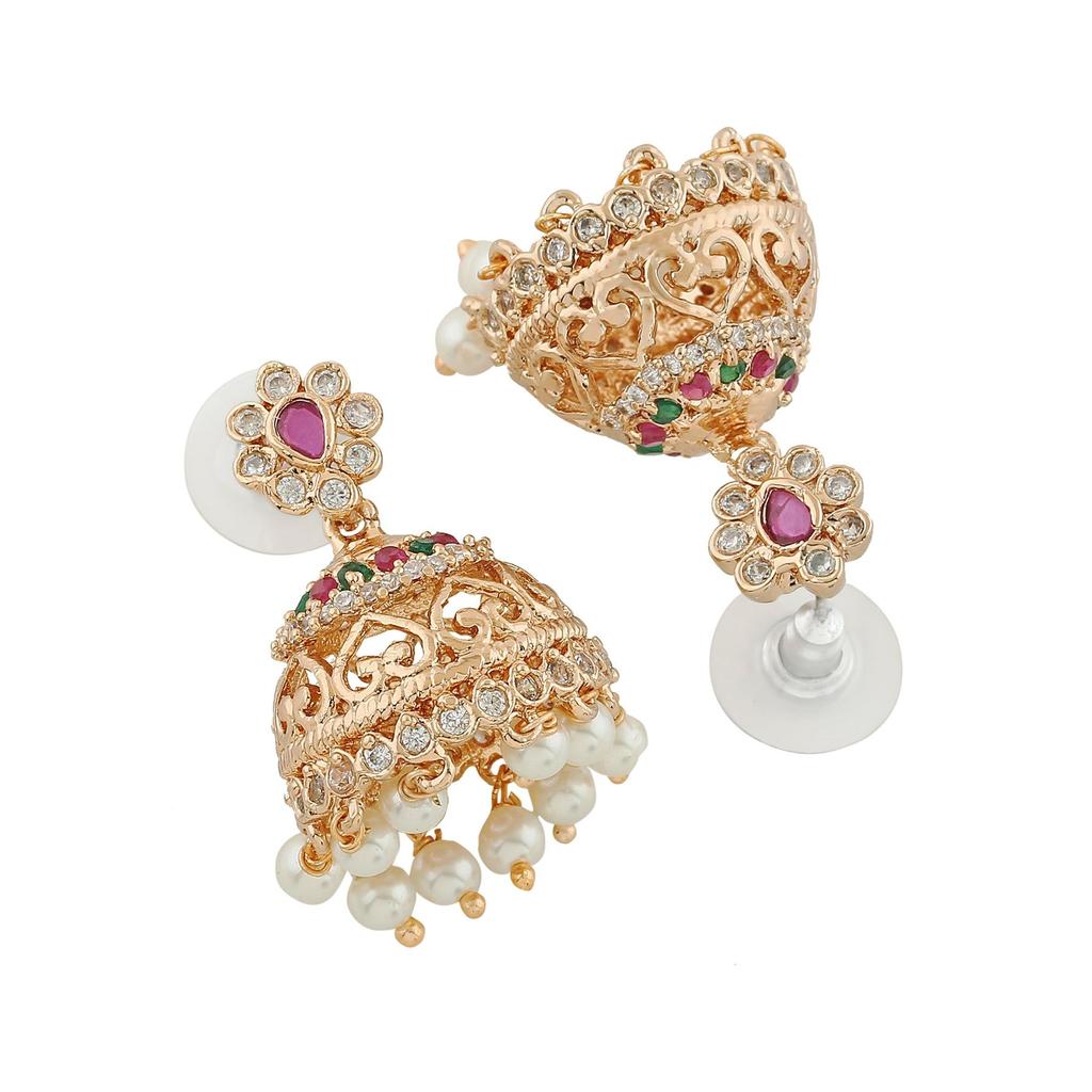 Elegant Women's Jhumka Estele Earrings with Rose Gold Plated and CZ, Pearls and Pink Crystals