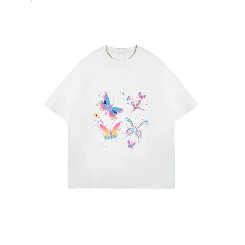 Butterfly Print T Shirt White Colorful Butterflies And Flowers Design Casual Summer Wear
