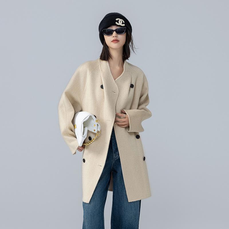 2025 Autumn/Winter Women's Stand Collar Double-Faced Medium Cocoon Alpaca Wool Coat