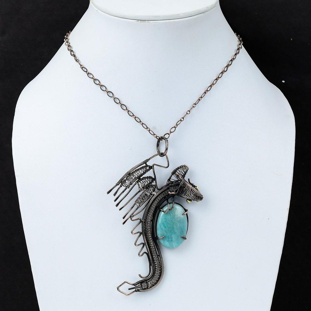 Кулон с амазонитом, медная проволока, кулон, кулон с драконом, драгоценный камень, ювелирные изделия из проволочной обмотки, кулон ручной работы, изысканные медные украшения, подарок для него