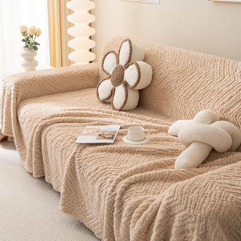 Cream Style Light Colored Plush Sofa Towel, Thickened Autumn and Winter Sofa Blanket, Full Cover, Universal Sofa Cover, Anti Cat Scratch Cover
