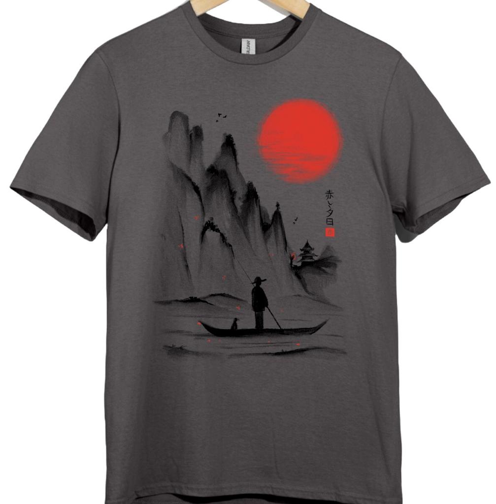 Japanese Sun Fisherman Mountain Zen Ink Art Sumi Painting Rowing Graphic T-Shirt