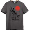 Japanese Sun Fisherman Mountain Zen Ink Art Sumi Painting Rowing Graphic T-Shirt