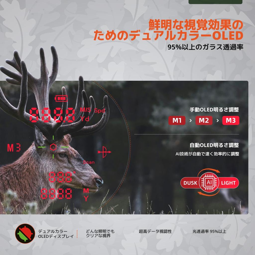 AOFAR Hunting Laser Distance Meter HX1600 Dual color OLED display Adopts glass with high transmittance of or more for visibility Capable of measuring