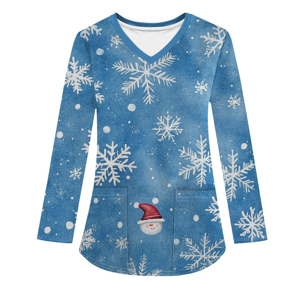 Женская модная рабочая одежда с V-образным вырезом, длинным рукавом и карманом, рождественский принт, футболка, топ