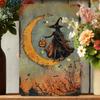 Antique Halloween Metal Sign of Witch Sitting On the Moon Wrought Iron Wall Art Decoration for Home Cafe Garage Library, Club