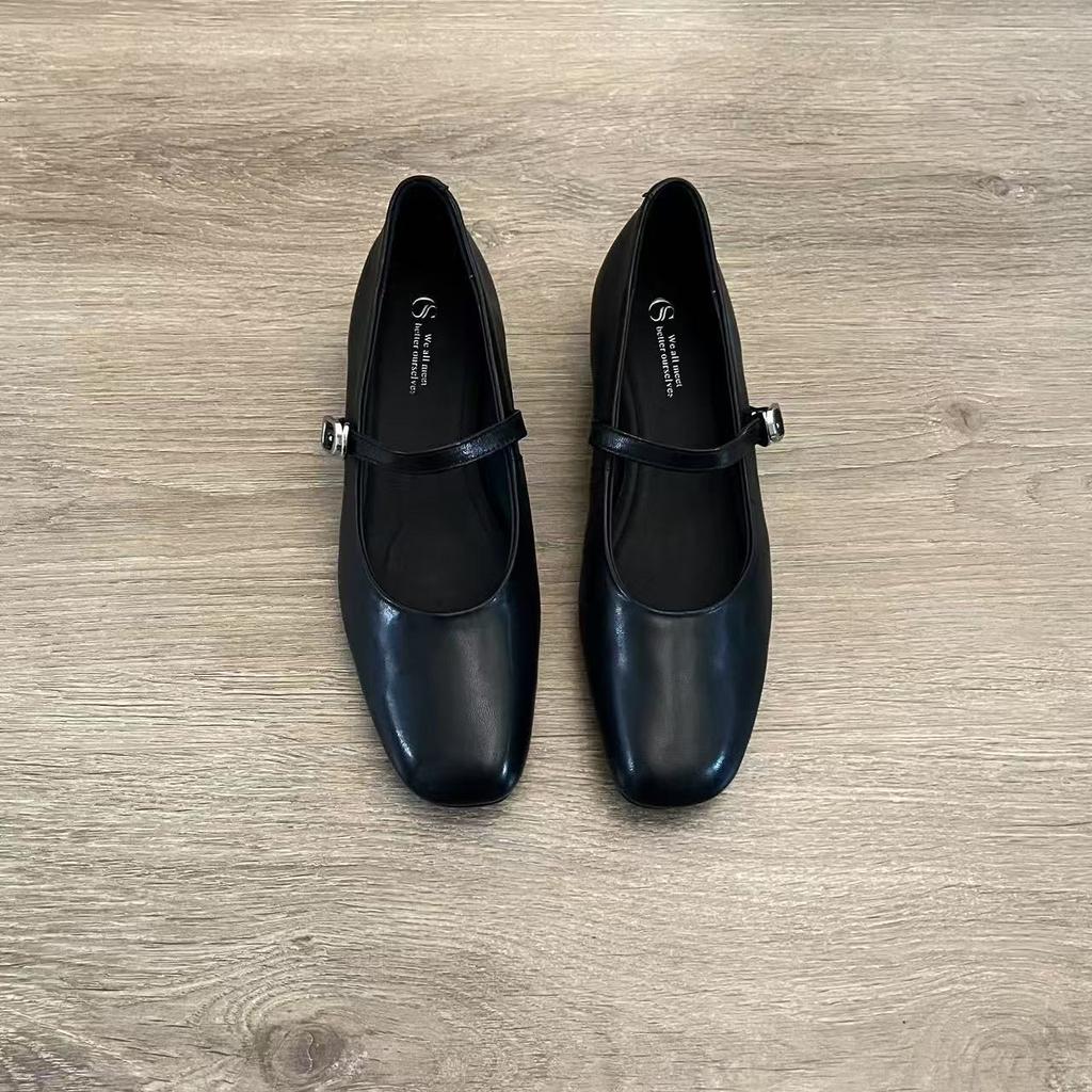 Sheepskin Version of Genuine Leather Mary Jane Shoes Women's French Retro One-pedal Shallow Mouth Square Head Flat Shoes One Word with Single Shoes