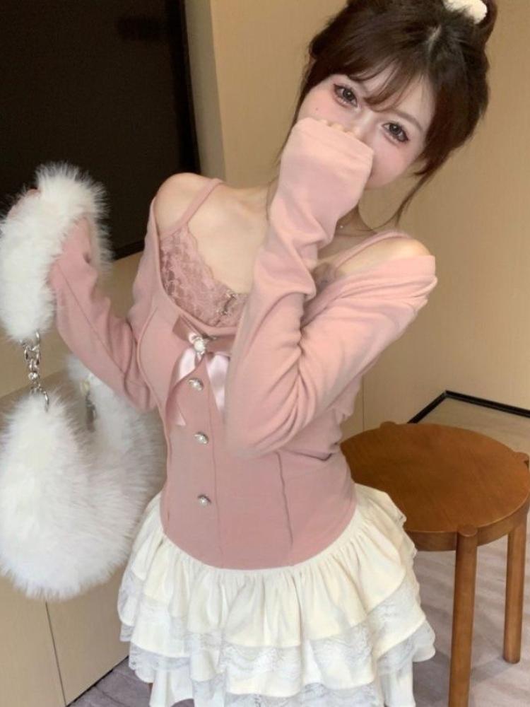 Винтажные футболки из двух предметов для девочек Mori Girl, женские кружевные лоскутные укороченные топы с милым бантом, женский эстетический однотонный пуловер Kawaii, новый