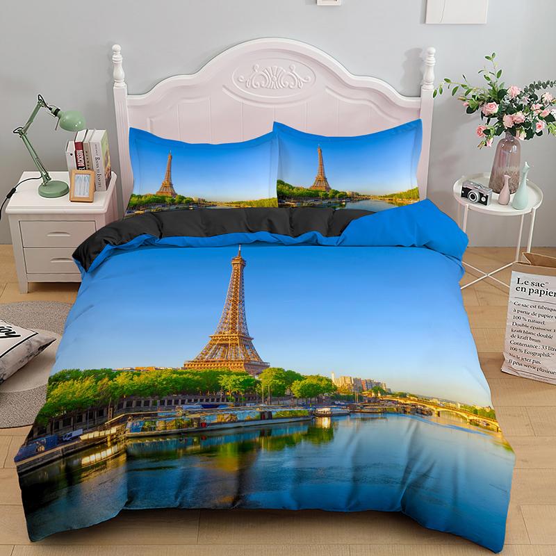 Пододеяльник с изображением Эйфелевой башни, короля и королевы, Париж, знаменитая архитектура, комплект постельного белья для взрослых, романтический пейзаж, 2/3 шт., полиэстер, пододеяльник