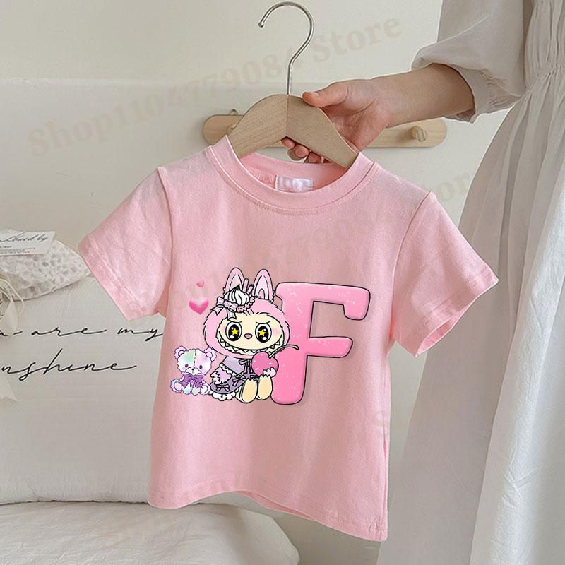 Labubu Kawaii T-shirts for Girls Anime Cartoon Cute Short Sleeved Shirt Children Summer Sweet Top Letter A-Z Printed T-shirt