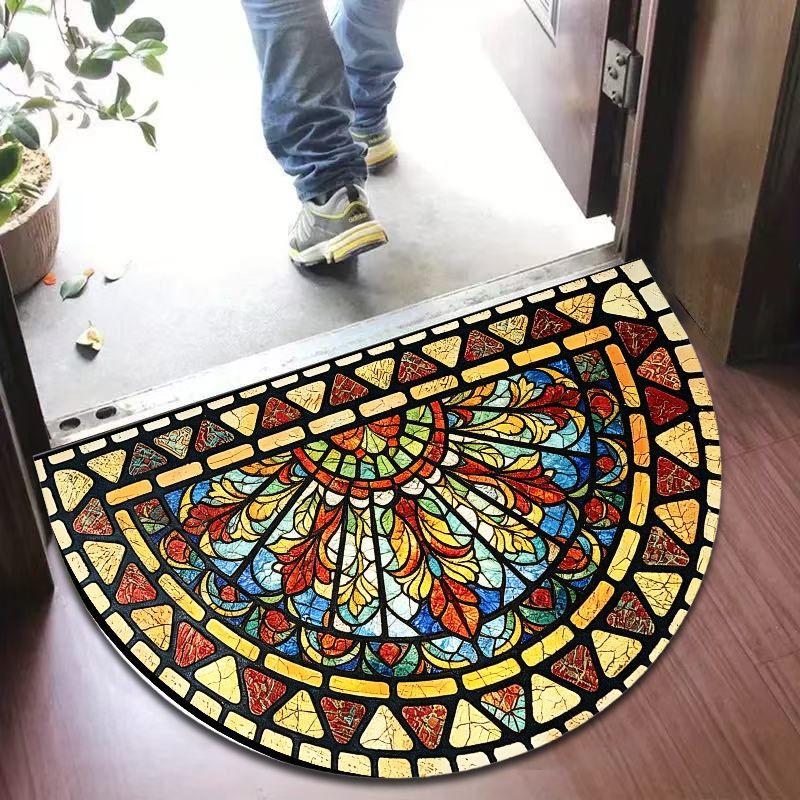 retro colored glass mosaic flower leaf semi-circular door mat, anti slip carpet, artistic floor mat, home decoration