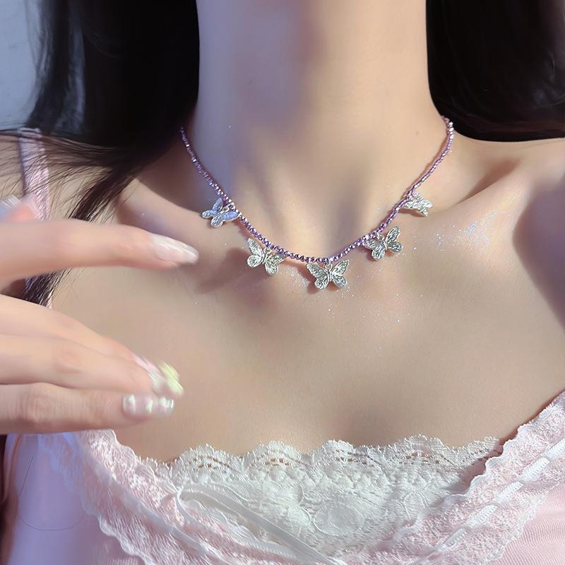 Легкое роскошное милое крутое серебряное ожерелье-бабочка из бисера, женская цепочка на ключицу высшего качества, аксессуар-колье из чистого специй