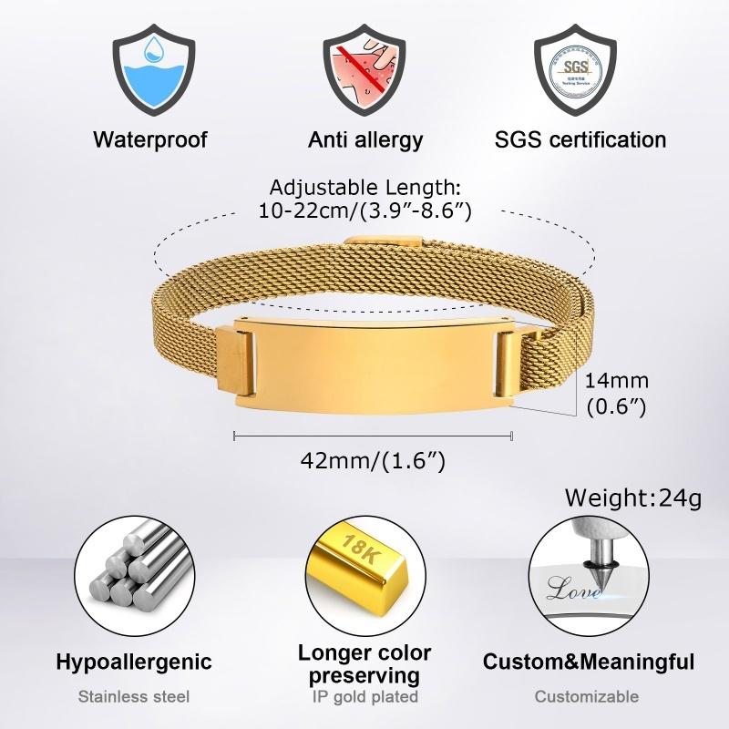 Persoanlized Medical Alert ID Emergency Bracelet,  Adjustable Stainless Steel Mesh Chain Free Engrave Bracelets For Women Men