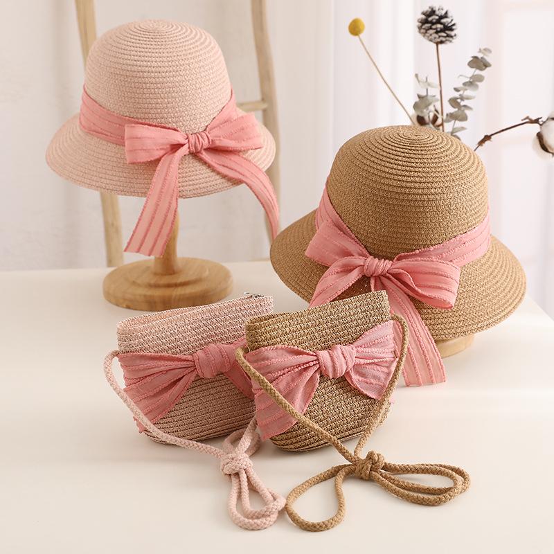 Летняя пляжная шляпа от солнца для девочек, милая соломенная шляпа с бантом и сумка на плечо, комплект из 2 предметов, уличная солнцезащитная шляпа, детские пляжные шляпы
