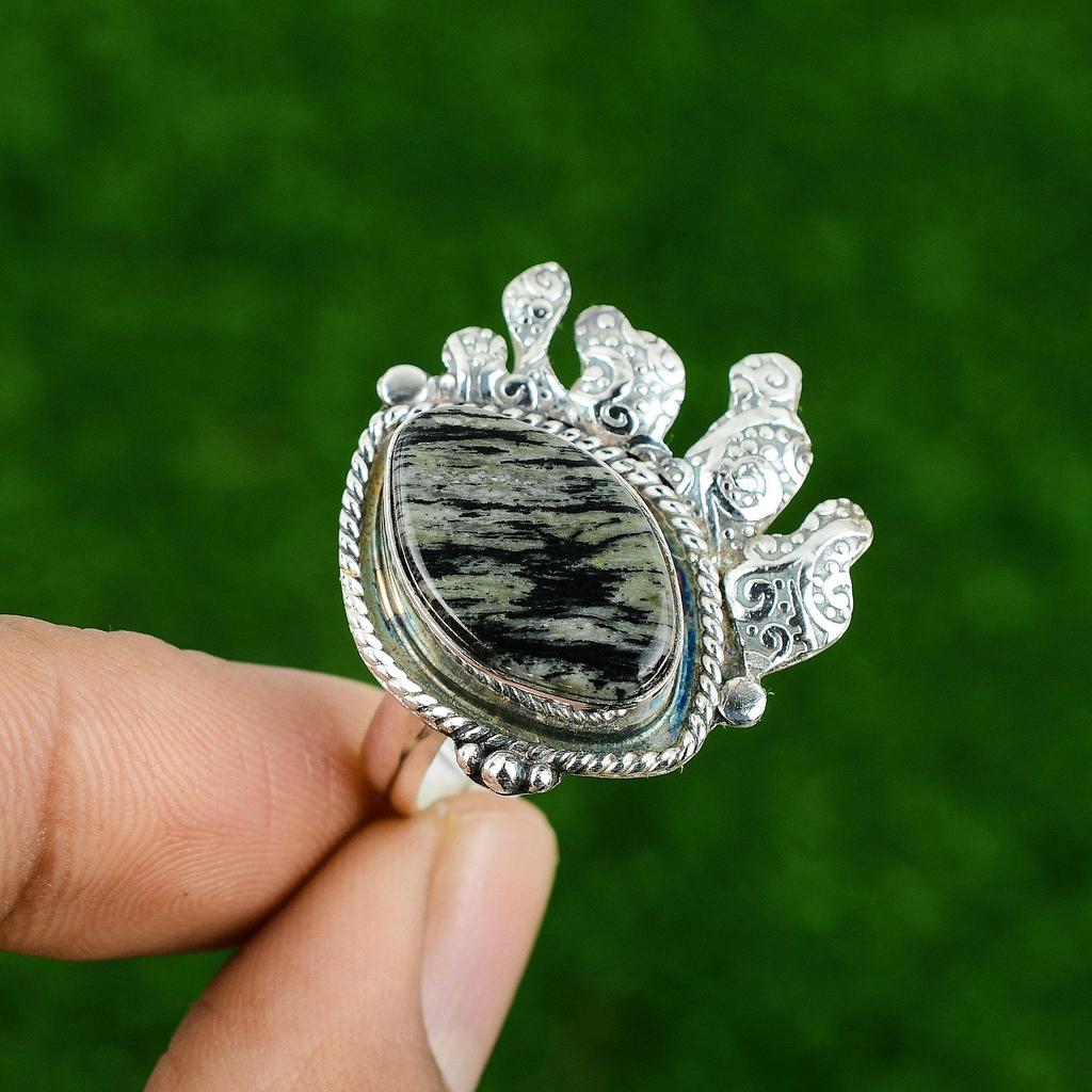Gift For Women Promise Adjustable Ring 925 Silver Natural Silver Leaf Jasper