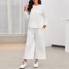 2 Pcs/Set Women Top Pants Suit Round Neck Long Sleeves Textured Solid Color Sweatshirt Drawstring Elastic Waist Wide Leg Trousers Daily Wear