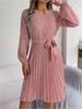 Round Neck Print Flower Dress Waist Hugging  Elegant Pleated Dress for Women Long Sleeve Loose Dresses Causal Dress