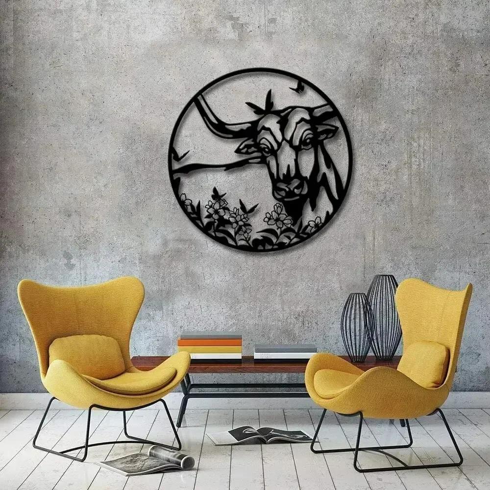 1pc Highland Cow Metal Wall Decor Texas Longhorn Cattle Artwork Animal Wall Art Sticker Interior Living Room/Home Decoration