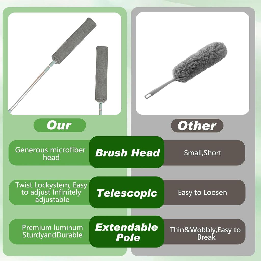 Retractable Gap Dust Cleaning Tool With 2 Microfiber Dusting Cloths,Flat Duster With Extension Pole,Extendable Microfiber Duster With Bendable &