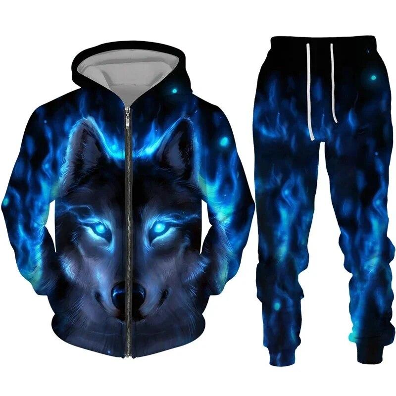 Красочный спортивный костюм с 3D принтом волка в стиле хип-хоп, уличная одежда, толстовки на молнии, костюм для мужчин, женщин, детей, повседневная толстовка с капюшоном, брюки, комплект для бега