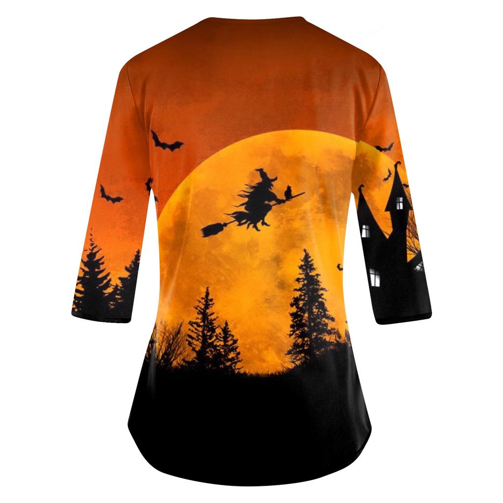 Женский свободный топ с V-образным вырезом, карманом и принтом на Хэллоуин, рукав три четверти, рабочая одежда