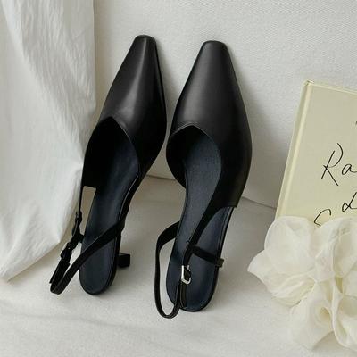 Кожаные французские сандалии с маленьким квадратным носком, на тонком каблуке, с закрытой пяткой, женские, 2025, новая весенне-летняя коллекция, темпераментные, на низком каблуке, с ремешком на пятке