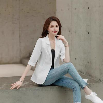 Женский пиджак с лацканами, рукавом 3/4, застежкой на пуговицы, летний пиджак, однотонный, тонкий, дышащий, повседневный пиджак