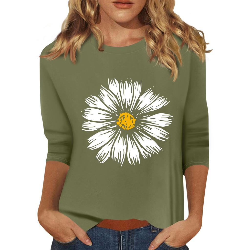 Женская мода повседневный принтованный топ с семью рукавами и круглым вырезом