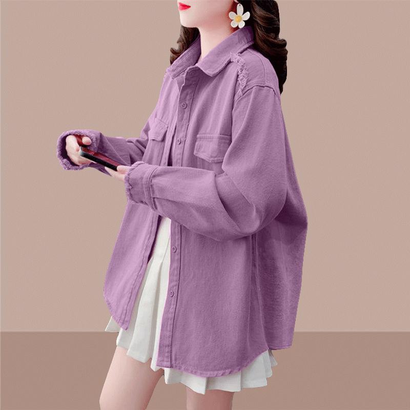 Ранняя весна Молодежная и элегантная многослойная куртка для женщин с воротником и карманом Простая однотонная джинсовая рубашка