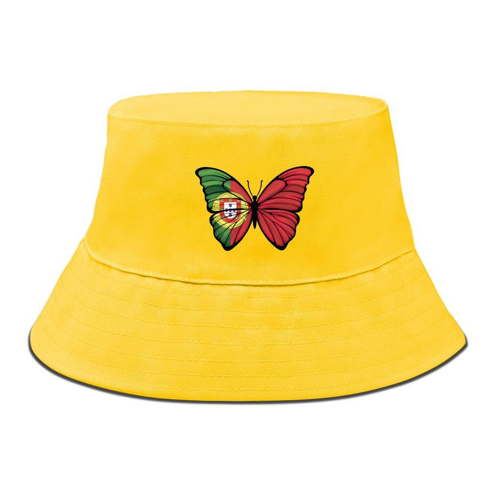 Bucket Hat With Butterfly Flag of Portugal Print , Patriotic Sun Cap Unisex Fashion Solid Color Beach Hat