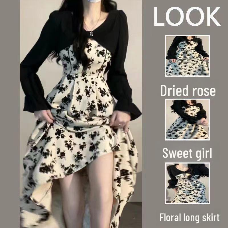 Элегантное платье из двух частей Platycodon с цветочным принтом для женщин - весна/осень 2025 г., длинный рукав