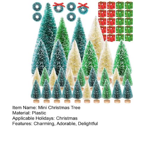 56 Pcs Mini Christmas Trees Set Sisal Snow Frosted Bottle Brush Trees with Wooden Base Miniature Artificial Pine Tree for Winter Home Tabletop Decor