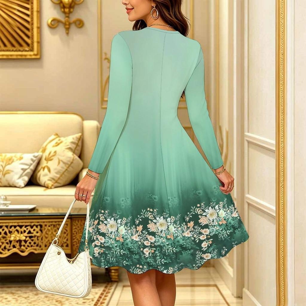 Women Long Sleeve Round Neck Midi Dress Boho Abstract Mandala Dot Floral Print Flared Casual Dress