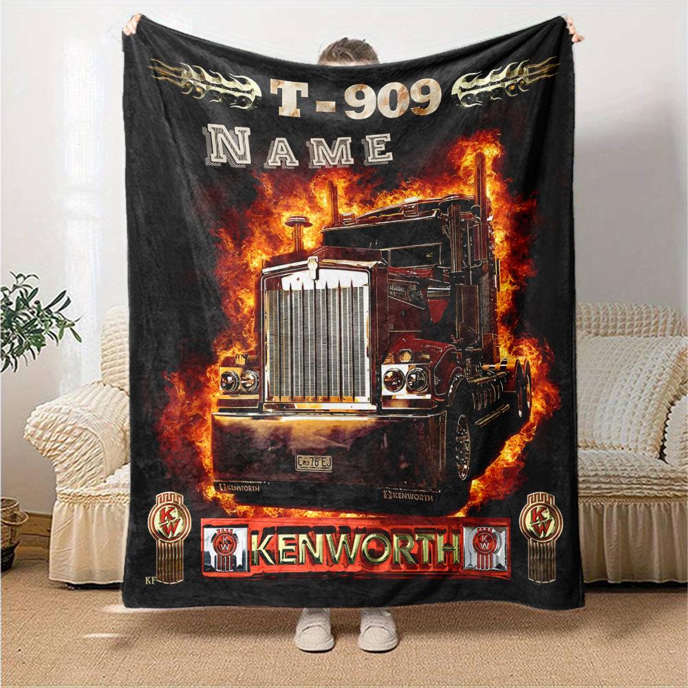 Flaming Kenworth T909 Truck Art Design Customize Your Name Cartoon Movie Pattern Blanket Chair Office Sofa Bed Camping Soft And Warm Give To Relatives