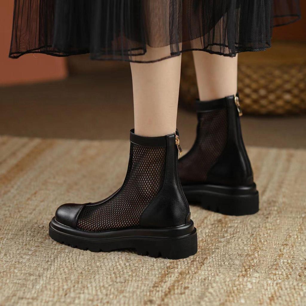 Летние ботинки из натуральной кожи. Дышащие женские сандалии. Тонкие сетчатые сапоги. Мягкая подошва средней длины. Классные французские полые ботинки. Одинарные ботинки.