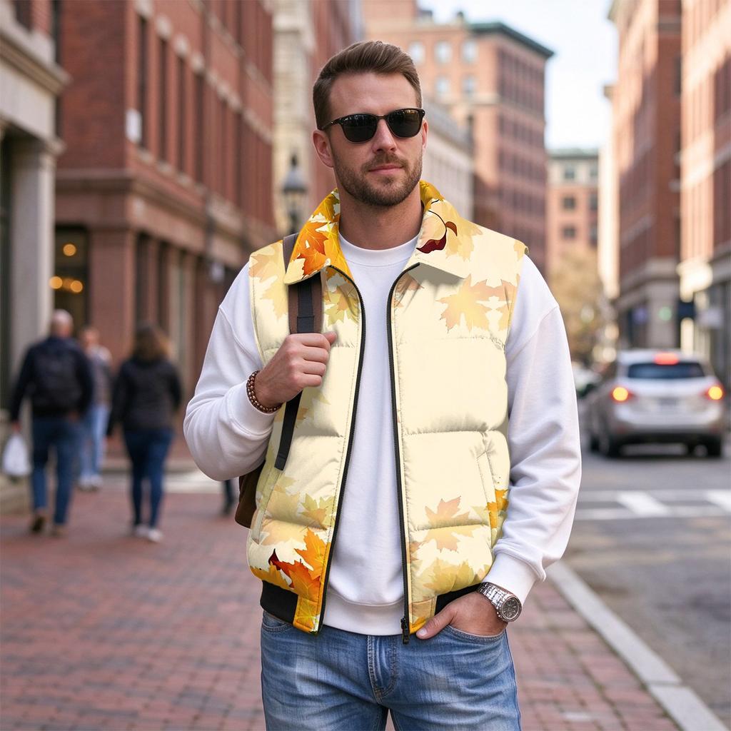 Men's Casual Loose Fit Padded Vest with Zip Front Lapel Collar and Side Pockets Leaf Print