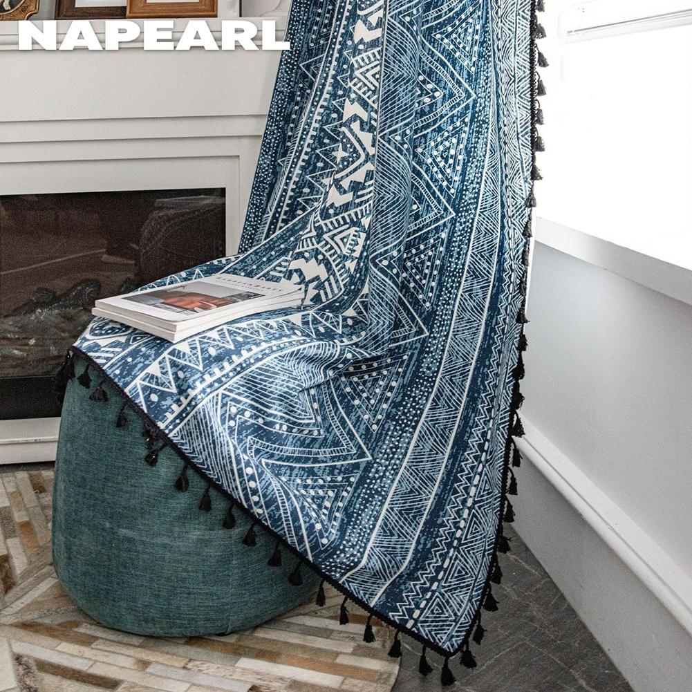 1 шт. NAPEARL Bohemian Style Blue Geometric Print Warm с бахромой, полузатемняющие шторы для небольших окон, балкона, домашний декор