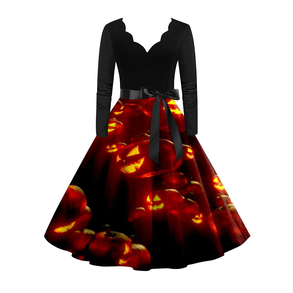 Платье с расклешенным принтом на Хэллоуин для женщин, платье с длинным рукавом, полые вечерние повседневные платья