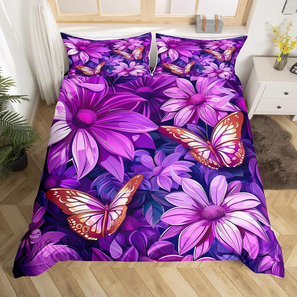 Teal Purple Butterfly Duvet Cover Queen King Size Floral Boho Decor Aesthetic Mandala Bedding Butterfly Print Set 3 Pcs
