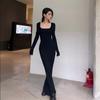 Y2K Sexy Black Dress Women Vintage Wrap Slim Bodycon Long Dresses Party Evening Square Collar Fashion Spring Outfits