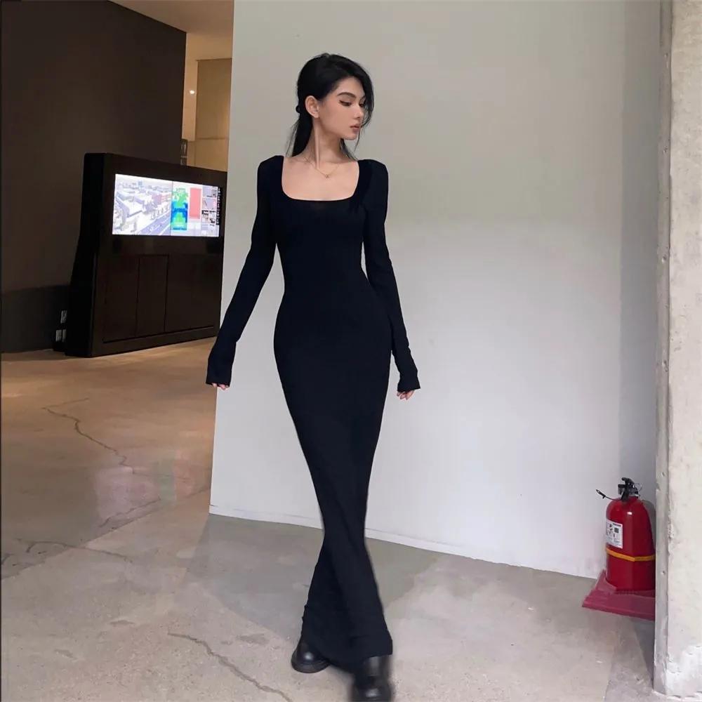 Y2K Sexy Black Dress Women Vintage Wrap Slim Bodycon Long Dresses Party Evening Square Collar Fashion Spring Outfits