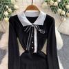 Spring Autumn Women College Stle Polo Color Full Sleeve Bowtie Knitted Sweater Mini Short Pullover Pleated Dresses